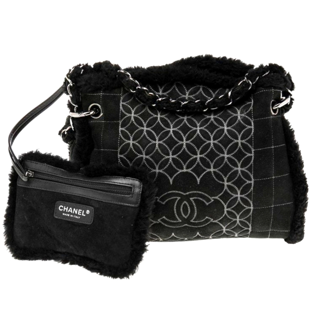 CHANEL Fur Bag Black Suede and Shearling Embroidered CC Tote Chain
